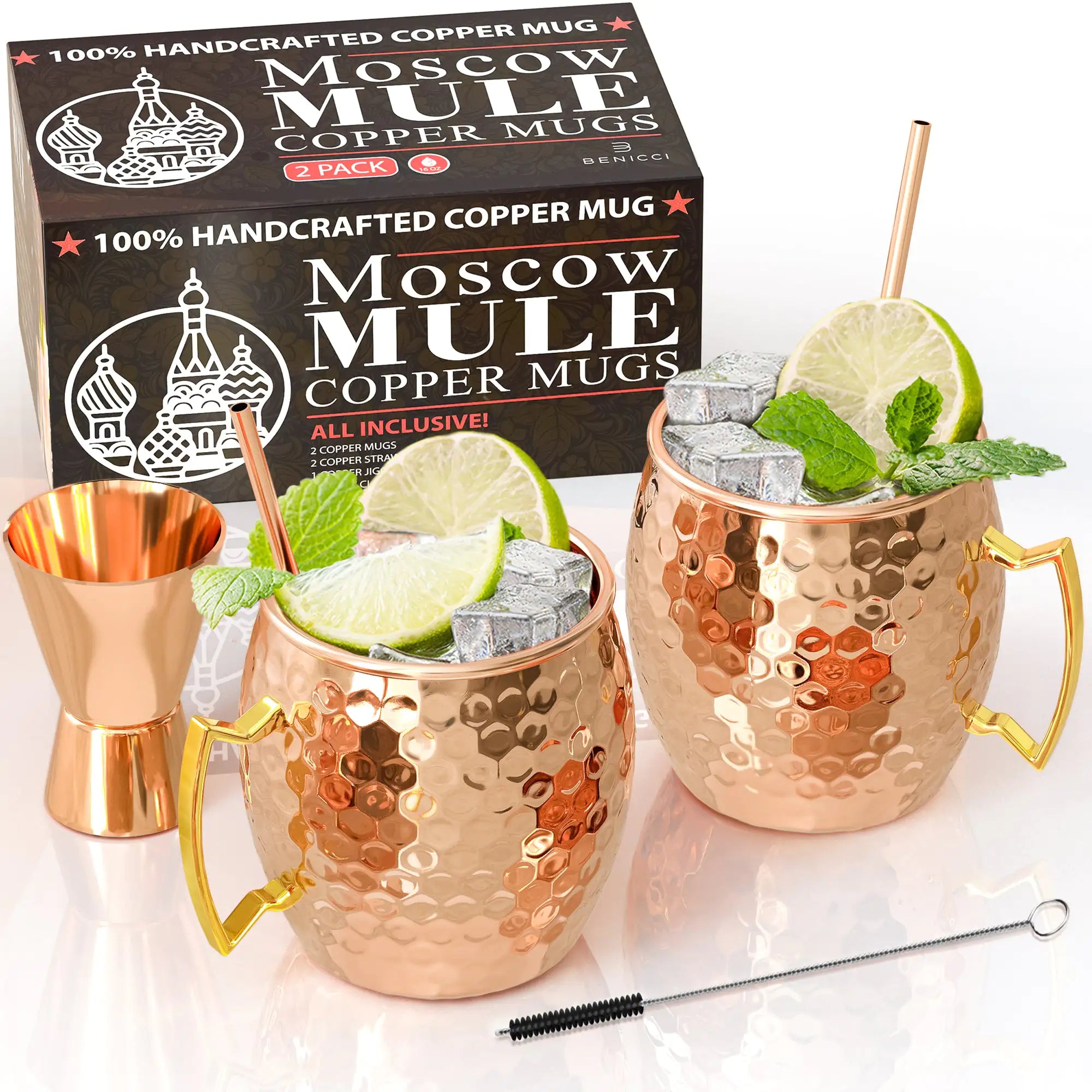 Moscow Mule Copper Mugs - Set of 2 - 100% HANDCRAFTED - Food Safe Pure Solid Copper Mugs - 16 oz Gift Set with BONUS - Highest Quality Cocktail Copper