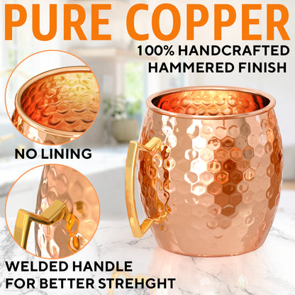 Moscow Mule Copper Mugs - Set of 2 - 100% HANDCRAFTED - Food Safe Pure Solid Copper Mugs - 16 oz Gift Set with BONUS - Highest Quality Cocktail Copper