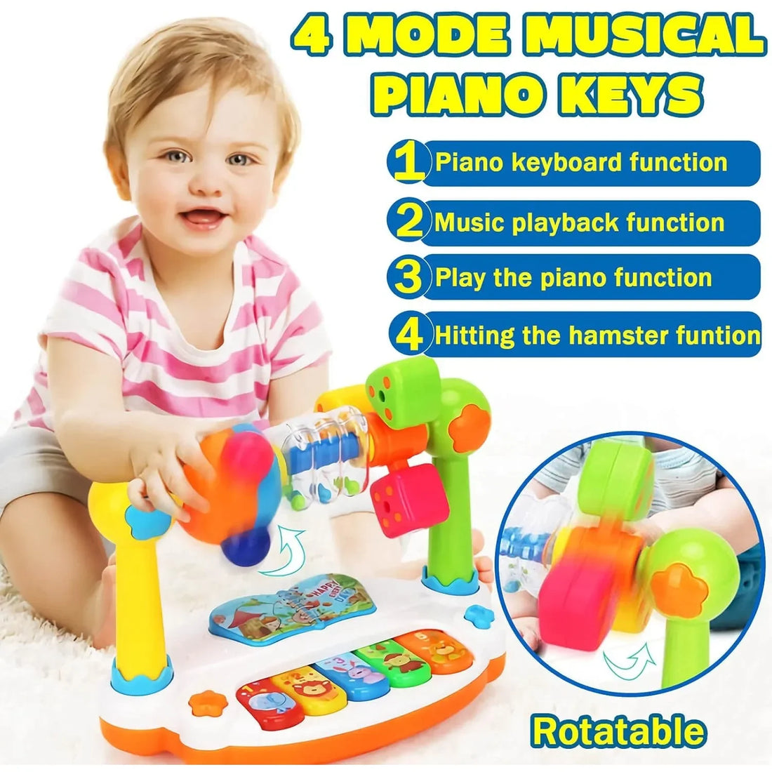 Baby Rotating Music Piano Toy – Educational, Flashing Lights &amp; Sound, Safe ABS Plastic