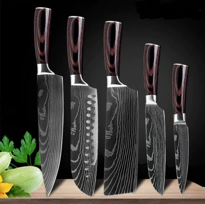 5 Piece Kitchen Stainless Steel Chef Knife Set with Wooden Handle